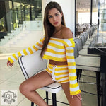 Striped Long Sleeve Crop Top & Shorts - S / Yellow - Clothing