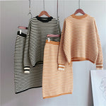 Striped Round Neck Pullover & Skirt Set - Clothing