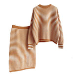 Striped Round Neck Pullover & Skirt Set - Clothing