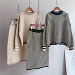 Striped Round Neck Pullover & Skirt Set - Clothing