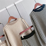 Striped Round Neck Pullover & Skirt Set - Clothing