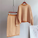 Striped Round Neck Pullover & Skirt Set - Clothing