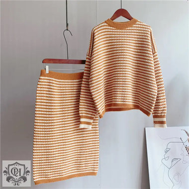 Striped Round Neck Pullover & Skirt Set - Clothing