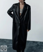 Faux Leather Long Overcoat - QH Clothing