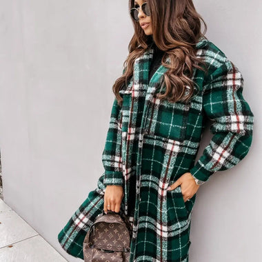 Women  New Fall Winter Long Sleeve Long Plaid Printed Shirt Woolen Jacket - Quality Home Clothing| Beauty