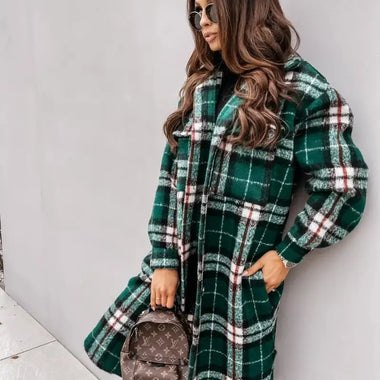 Women  New Fall Winter Long Sleeve Long Plaid Printed Shirt Woolen Jacket - Quality Home Clothing| Beauty