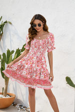 Spring Summer Women Clothing Waist Tight Floral Printed Waist Controlled Dress Bohemian Casual Vacation Tourism Dress - Quality Home Clothing| Beauty