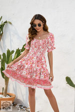 Spring Summer Women Clothing Waist Tight Floral Printed Waist Controlled Dress Bohemian Casual Vacation Tourism Dress - Quality Home Clothing| Beauty