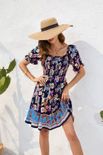 Spring Summer Women Clothing Waist Tight Floral Printed Waist Controlled Dress Bohemian Casual Vacation Tourism Dress - Quality Home Clothing| Beauty