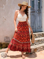 Woman wearing a summer maxi patterned skirt showcasing a bohemian-style outfit