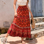 Red paisley summer maxi patterned skirt displaying vibrant and stylish design