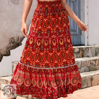 Red paisley maxi skirt featured in a Summer Maxi Patterned collection