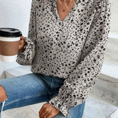 Autumn Women Floral Pullover V neck Ruffled Sweet Long Sleeve Printed Shirt - Quality Home Clothing| Beauty