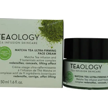 Teaology Matcha Tea Ultra-Firming Face Cream in green and white packaging, 50ml