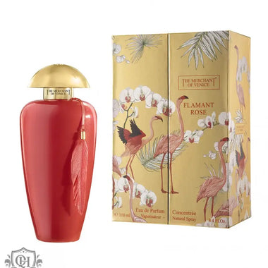 Red and gold perfume bottle with floral packaging for Flamant Rose Eau de Parfum 5ml