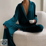 Spring Summer Blue Thin Women Home Silk-like Solid Color Pajamas Ice Silk Loose Can Be Worn outside - Quality Home Clothing| Beauty