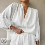 Tie Lantern Sleeve Top & Ruffle Shorts - S / White - Clothing