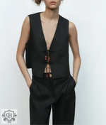 Tie Up Beaded V-Neck Vest - Clothing