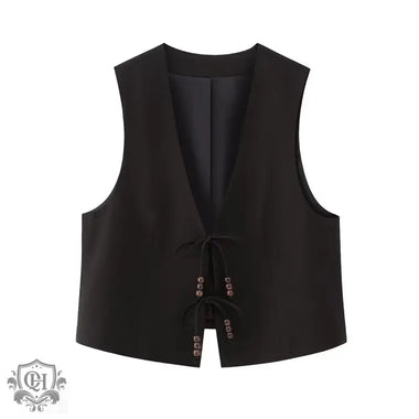 Tie Up Beaded V-Neck Vest - Clothing