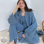 Blue textured lounge set from the Tie Up Solid Colour Pajama Set collection