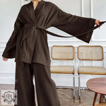 Brown Muslin Kimono Pantsuit from Tie Up Solid Colour Pajama Set in Solid Colour Design