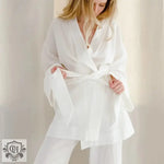 White linen robe and pants in Tie Up Solid Colour Pajama Set for elegant comfort