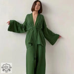 Green kimono-style lounge set from the Tie Up Solid Colour Pajama Set collection