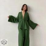 Green kimono-style lounge set showcasing a stylish solid colour pajama set