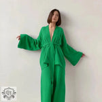 Green kimono-style lounge set from the Tie Up Solid Colour Pajama Set collection