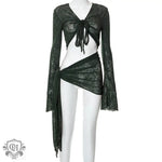 Tied Long Sleeve Top & Short Skirt - S / Green - Clothing