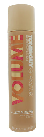 Aerosol can of Toni & Guy Glamour Sky High Volume Dry Shampoo with beige and red labeling