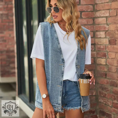 Trendy Sleeveless Denim Vest - Clothing