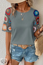 Turquoise Floral Crochet Short Sleeve Top - Medium Grey / S / 95% Polyester + 5% Elastane - Tops/Tops & Tees