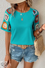 Turquoise Floral Crochet Short Sleeve Top - Turquoise / S / 95% Polyester + 5% Elastane - Tops/Tops & Tees