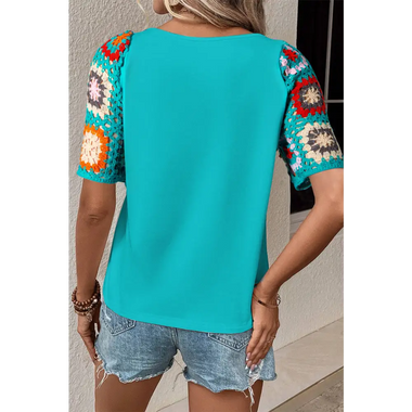 Turquoise Floral Crochet Short Sleeve Top - Tops/Tops & Tees