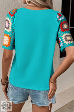 Turquoise Floral Crochet Short Sleeve Top - Tops/Tops & Tees