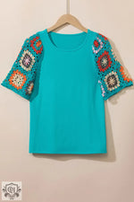 Turquoise Floral Crochet Short Sleeve Top - Tops/Tops & Tees