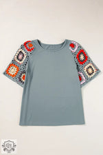 Turquoise Floral Crochet Short Sleeve Top - Tops/Tops & Tees