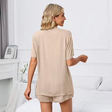 Spring Summer Solid Color V neck Loose Button T shirt Shorts Home Casual Suit - Quality Home Clothing| Beauty