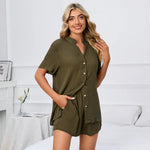 Spring Summer Solid Color V neck Loose Button T shirt Shorts Home Casual Suit - Quality Home Clothing| Beauty