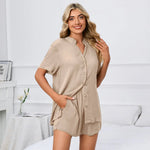 Spring Summer Solid Color V neck Loose Button T shirt Shorts Home Casual Suit - Quality Home Clothing| Beauty