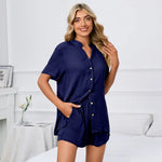 Spring Summer Solid Color V neck Loose Button T shirt Shorts Home Casual Suit - Quality Home Clothing| Beauty