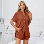 Spring Summer Solid Color V neck Loose Button T shirt Shorts Home Casual Suit - Quality Home Clothing| Beauty