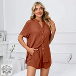 Spring Summer Solid Color V neck Loose Button T shirt Shorts Home Casual Suit - Quality Home Clothing| Beauty