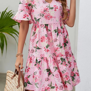 Dress V Neck Flared Sleeves Printed Casual Holiday Dress - Quality Home Clothing| Beauty