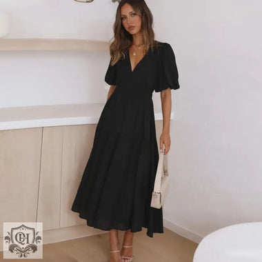 Summer Advanced Sense Vacation Deep V Plunge Puff Sleeve Dress Women - Quality Home Clothing| Beauty