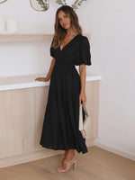 Summer Advanced Sense Vacation Deep V Plunge Puff Sleeve Dress Women - Quality Home Clothing| Beauty