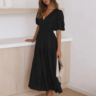 Summer Advanced Sense Vacation Deep V Plunge Puff Sleeve Dress Women - Quality Home Clothing| Beauty