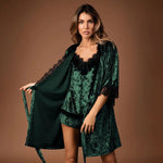 Suspender Shorts Nightgown Three Piece Lace Sexy Pajamas Gold Velvet Ladies Warm Loungewear - Quality Home Clothing| Beauty