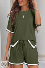 Olive green loungewear set with white trim for relaxing, available in sizes bust waist